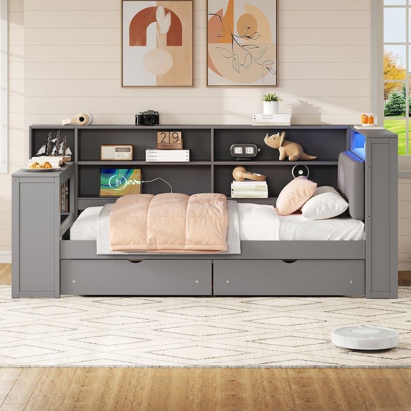 Wood Daybed Platform Bed Multifunctional Bed Frame with Charging Station and LED Light, Upholstered Headboard, Storage Shelves