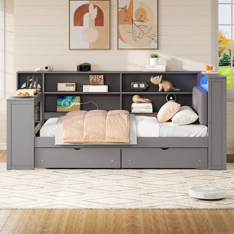 Wood Daybed with Desk, LED Upholstered Headboard, Storage Shelves Built-in Charging Station, Optional Drawers or Trundle