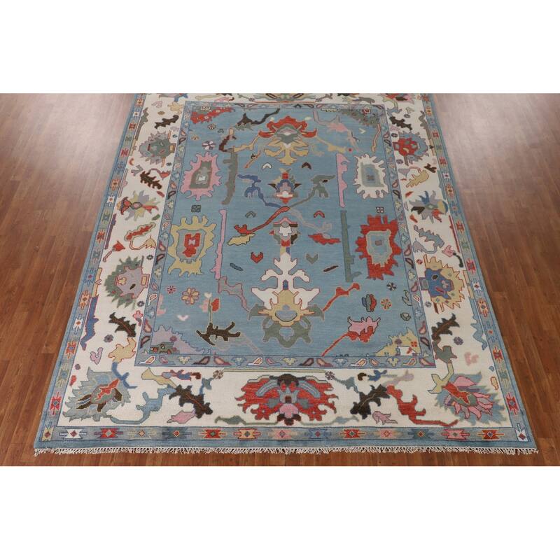 Light Blue Oushak Oriental Area Rug Hand-Knotted Wool Carpet - 9'1" x 11'10"