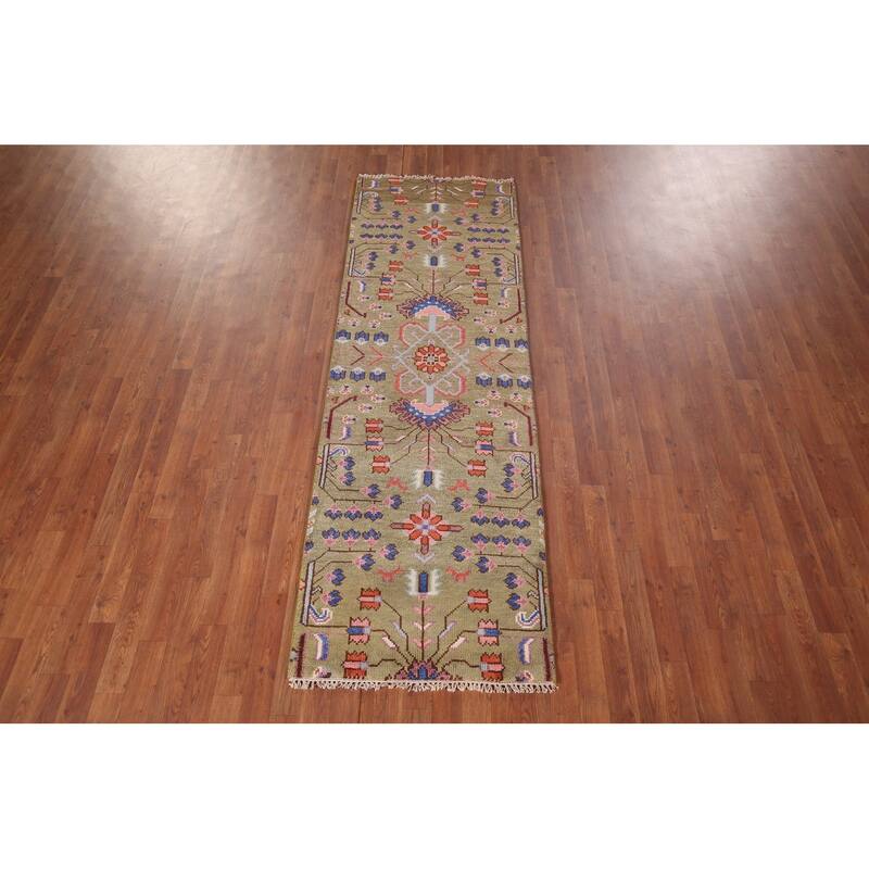All-Over Green Kazak Oriental Runner Rug Hand-Knotted Wool Carpet - 2'7"x 7'11"