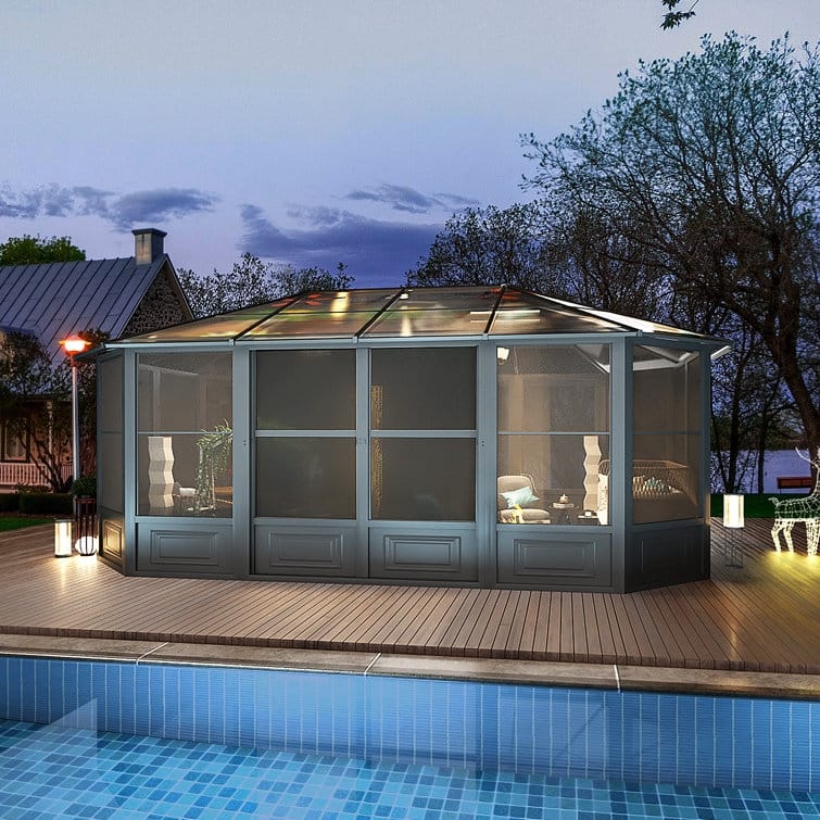 Erommy Outdoor Solarium Sunroom, Patio Hardtop Gazebo, Aluminum Frame Permanent Gazebo with Sliding Doors and Screens