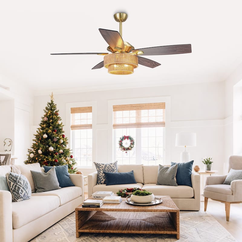 52" Farmhouse Natural Rope Reversible 5-Blade Gold Ceiling Fan with Remote