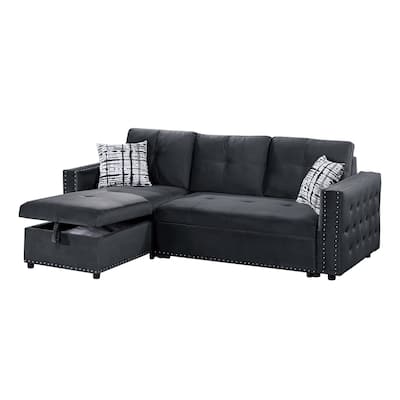 Velvet Upholstered Convertible Sectional with Nailhead Trim