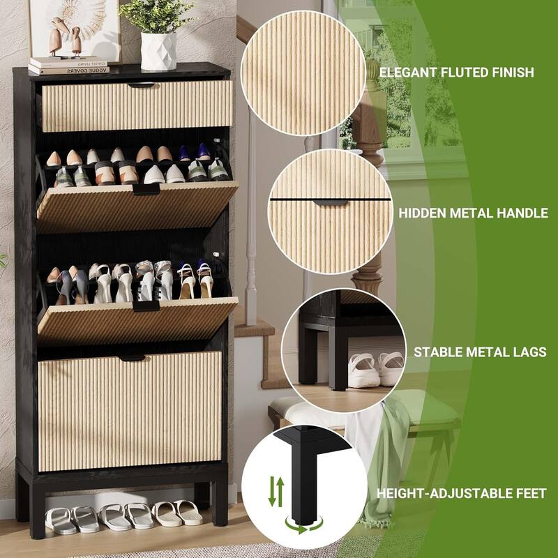 Shoe Storage Cabinet with 3 Flip Drawers, Fluted Shoe Organizer with Metal Legs