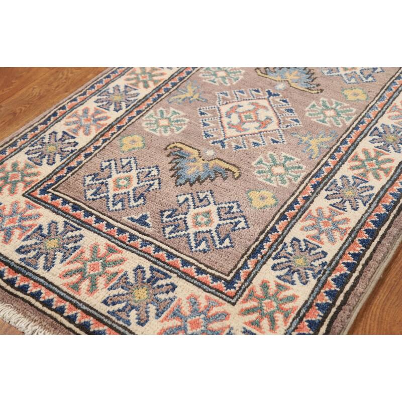 Hand Knotted Oriental 100% Wool Carpet Traditional Geometric Greys & Charcoal Kazak Area Rug - 3' 0'' X 2' 0''
