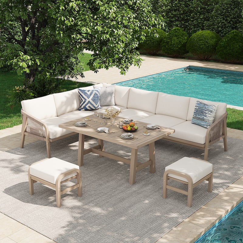 Outdoor Sectional Sofa Set 6-Piece Acacia Wood L-Shaped Corner Sofa Set with Dining Table & Ottoman
