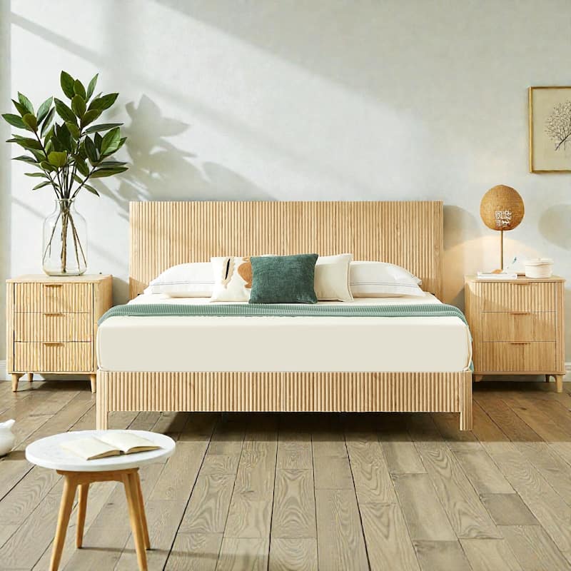 Wood Bed Frame with Corrugated Curved Wood Panels, Heavy Duty Metal Support, No Box Spring Needed
