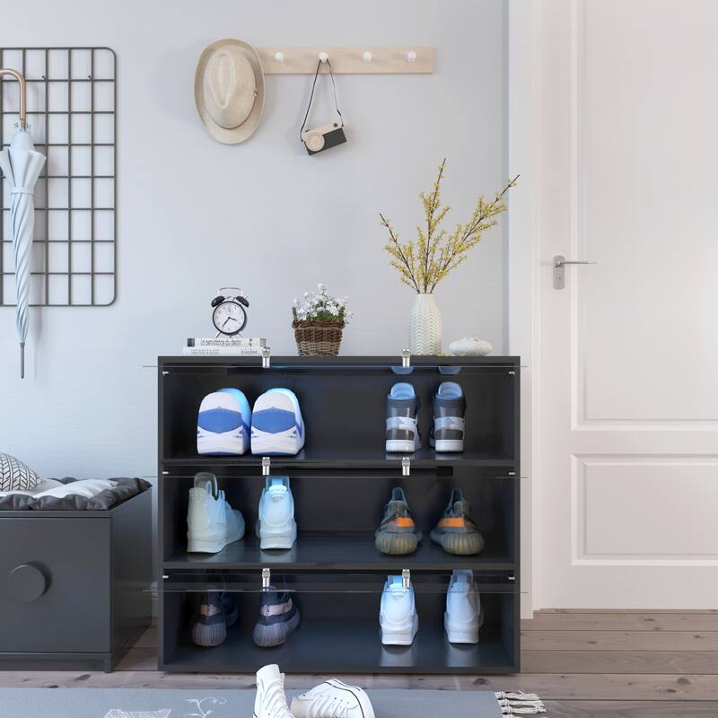 Roomfitters Shoe Storage Cabinet, Modern Glass Door Shoe Box with RGB Light Display for Entryway or Closet - Black