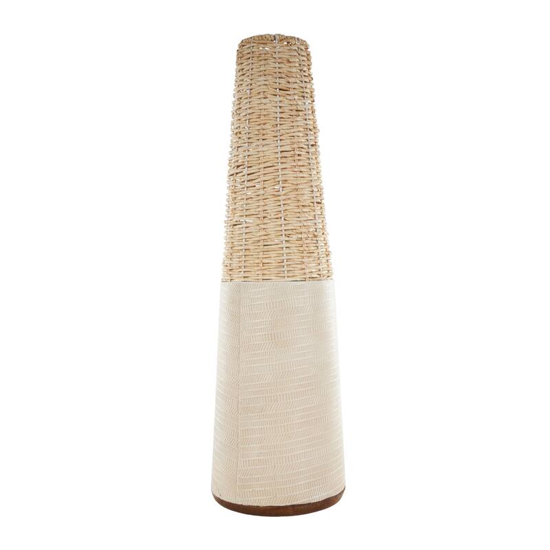 Light Brown Rattan Handmade Woven Geometric Decorative Vase with Beige Metal Base and Abstract Linear Markings