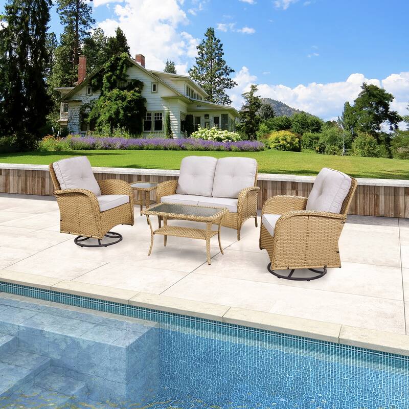 Gymojoy 4-piece Outdoor Sofa Chair Table Set with Cushion - Yellow/Beige