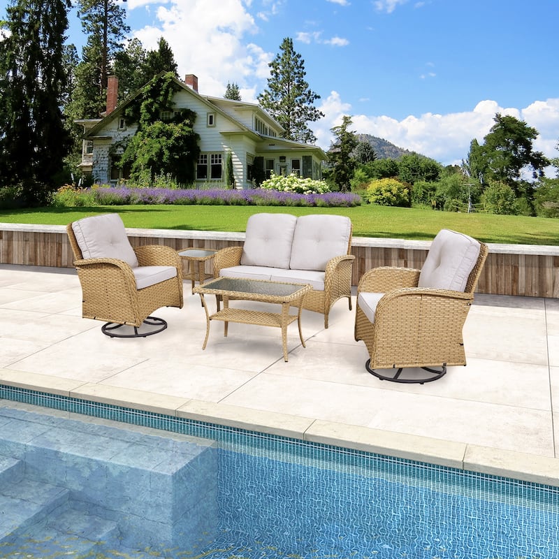 Gymojoy 5 PCS Outdoor Loveseat Sofa with Table and Swivel Rocker Chair Set - Yellow/Beige