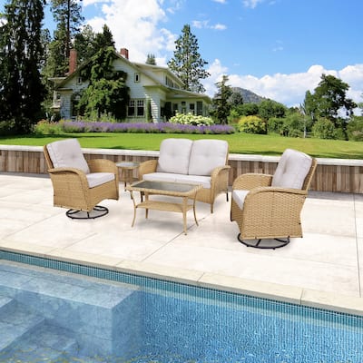 Gymojoy 5 PCS Outdoor Loveseat Sofa with Table and Swivel Rocker Chair Set