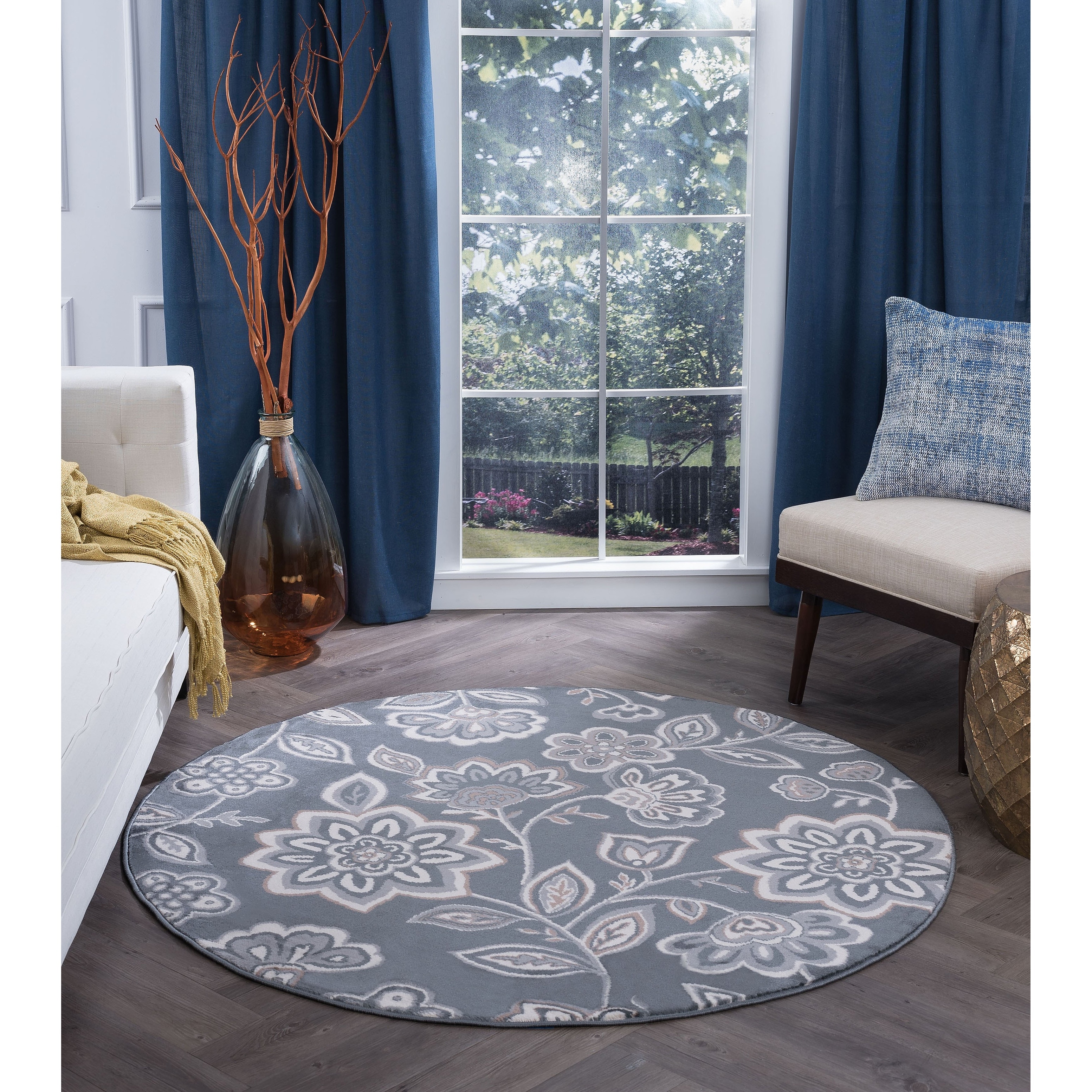 Dining Room Round Bedroom Alise Rugs Carrington Transitional Geometric Area Rug Navy 7'10 x 7'10 8' Round Indoor Living Room 