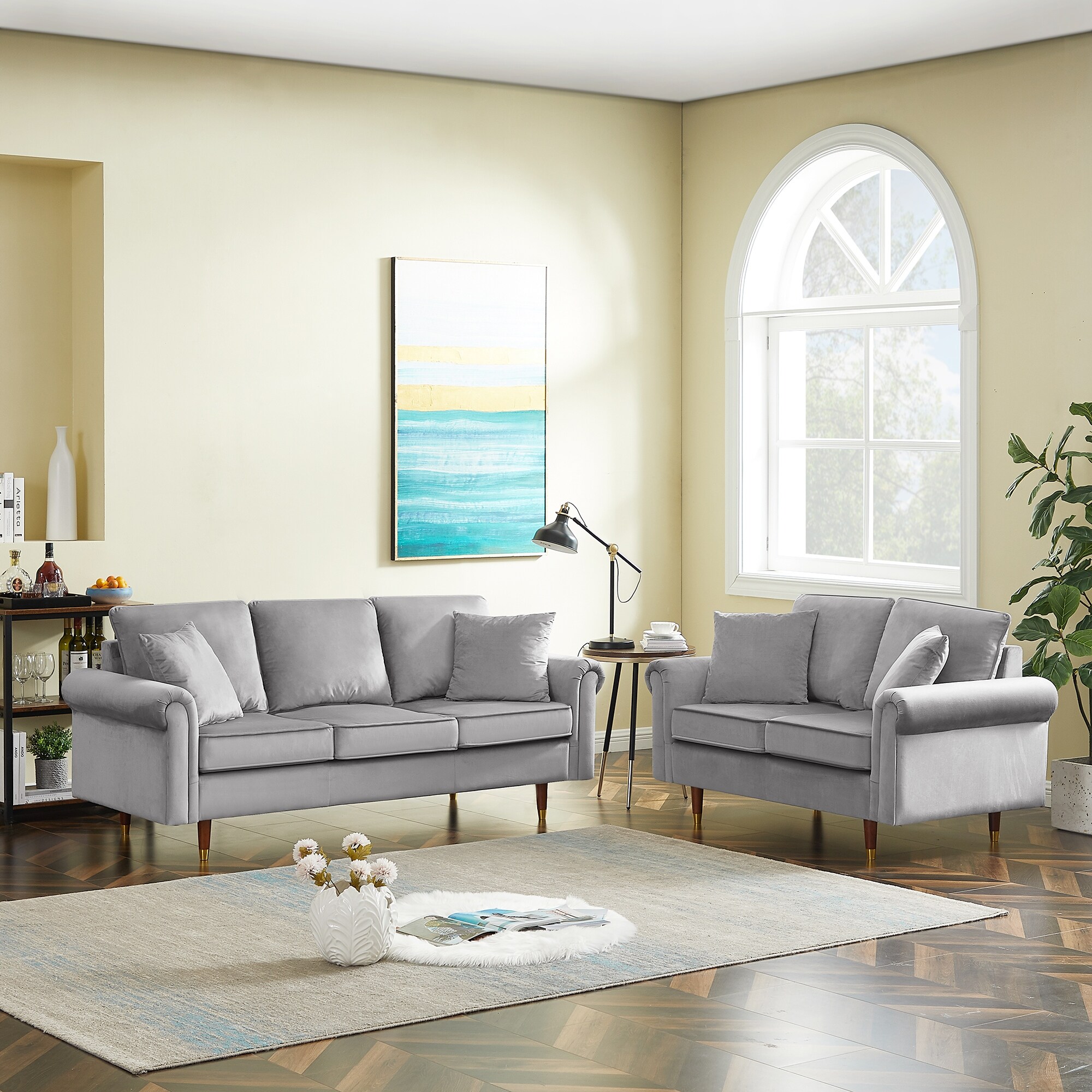 Modern Elegant Velvet Upholstery Sofa Set 2 Seat and 3 Seat Sofa with Rubber Wood Legs and Sturdy Frame for Living Room
