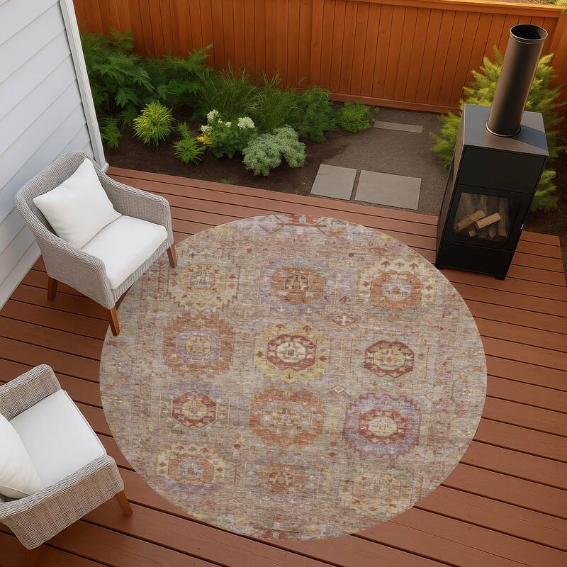 Machine Washable Indoor/ Outdoor Vintage Traditional Chantille Rug - Khaki - 8' x 8'