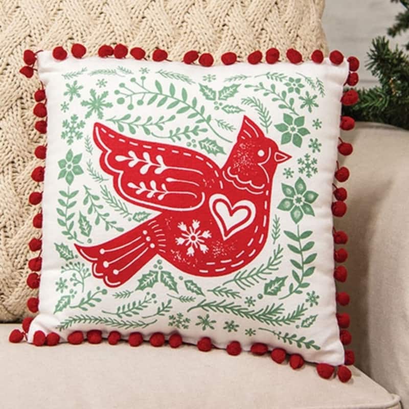 Red White Green Cotton Fabric Cardinal Pillow 12x12in Holiday Decor