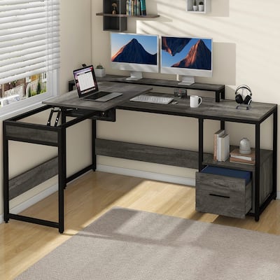 Moasis L Shaped Desk with Storage Shelves, Home Office Corner Desk with Charge Station