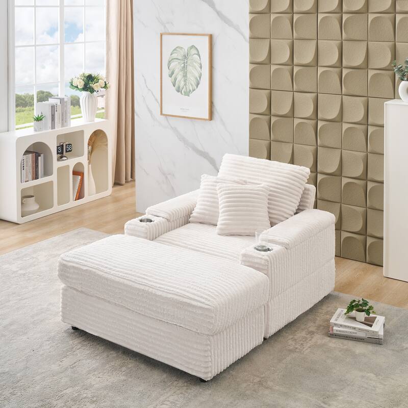 White Corduroy Single Sofa with Pillows and Ottoman