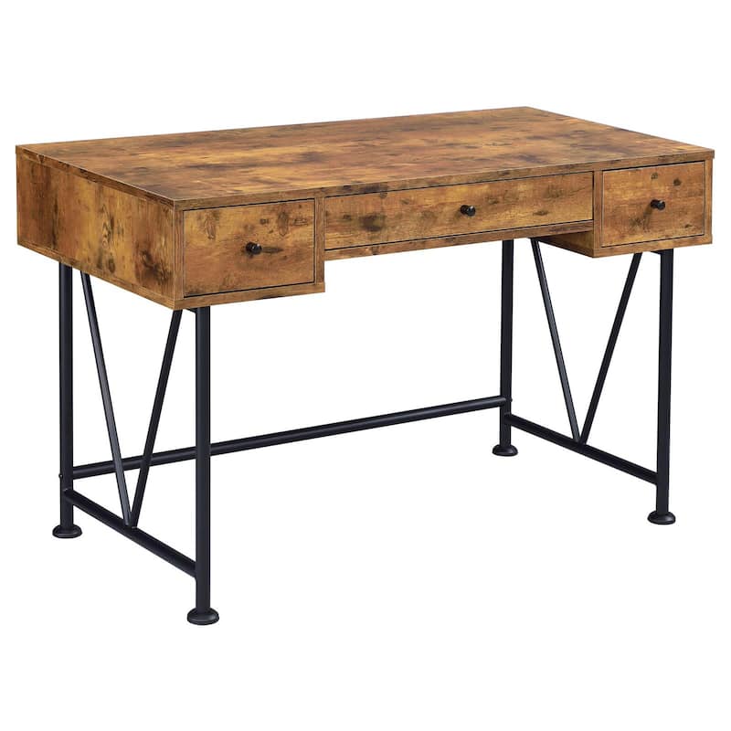 Farmhouse 3-Drawer Writing Desk with Metal Accents, Brown Wood Finish and Industrial Design for Home Office