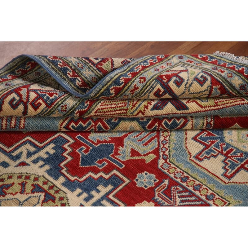 Blue Geometric Kazak Area Rug Handmade Oriental Wool Carpet - 6'0" x 9'8"