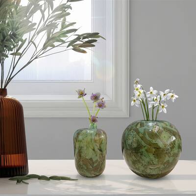 Set of Two Handblown Round Glass Vases in Green
