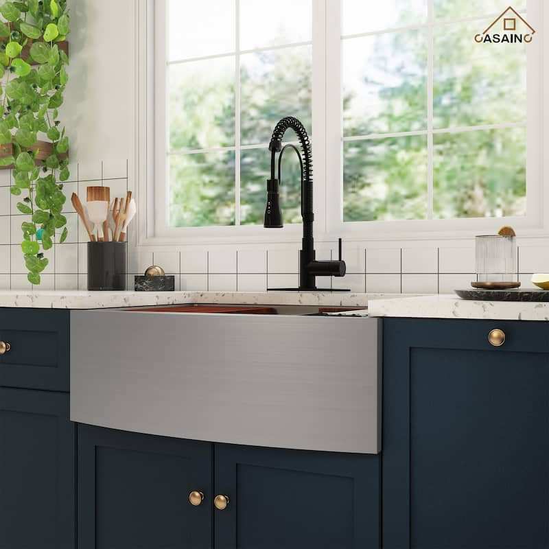 All-in-One Farmhouse/Apron-Front Single Bowl 16 Gauge Stainless Steel Workstation Kitchen Sink with Accessories and Faucet Sets