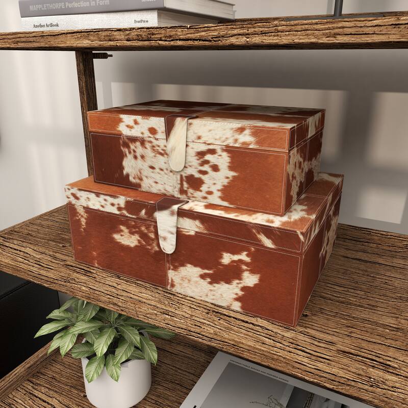Brown Leather Handmade Box with Hinged Lid (Set of 2) - S/2 14", 17"W
