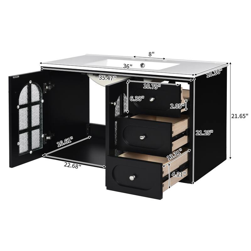 Floating Bathroom Vanity Black Wall Cabinet with Basin Sink Platform, Hazy Embossed Glass Doors, 3 Drawers and Metal Knobs