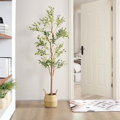 Artificial Olive Tree 59/71 Inch Tall Faux Silk Plant Indoor Fake Potted Tree with Wood Branches and Fruits