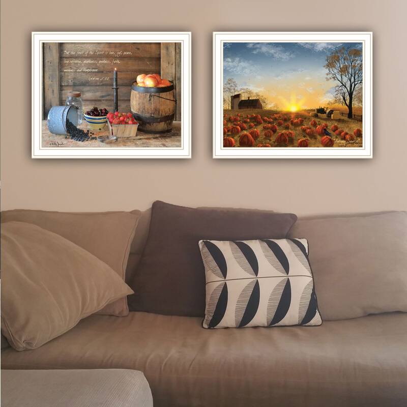 2-Piece Framed Wall Art Set - Autumn Sunrise & Fruit of the Spirit, White Frame