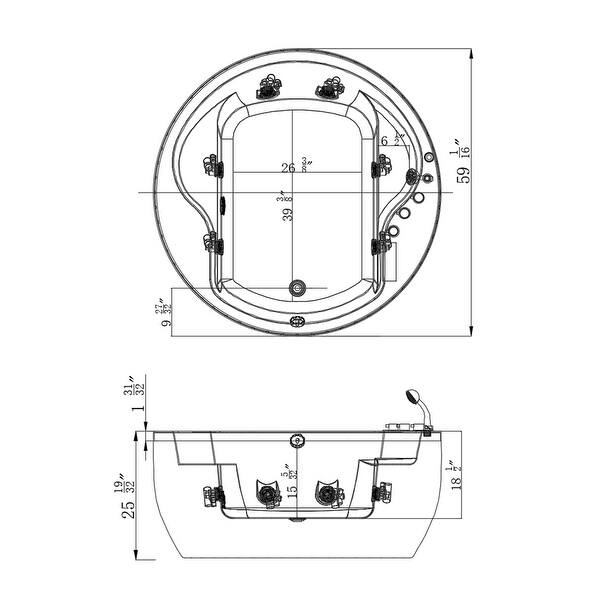 Acrylic 59" X 59" Round Alcove Whirlpool Bathtub - 6 Water Jets - Right Side Drain