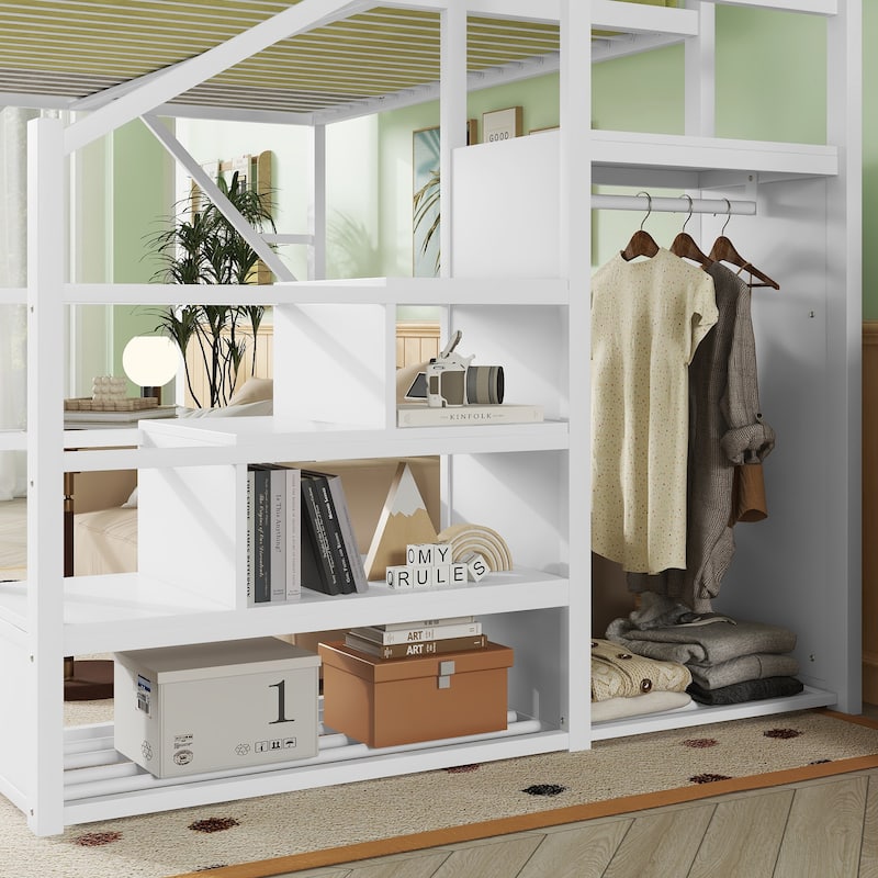 Full Size Loft Bed with Stairs, Metal Full Loft Bed with Storage Shelves, High Loft Bed with Wardrobe for Kids Teens