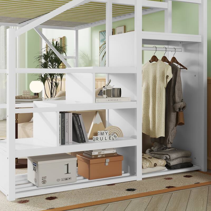 Queen Size Loft Bed with Stairs, Metal Queen Loft Bed with Storage Shelves, High Loft Bed with Wardrobe for Kids Teens Adults