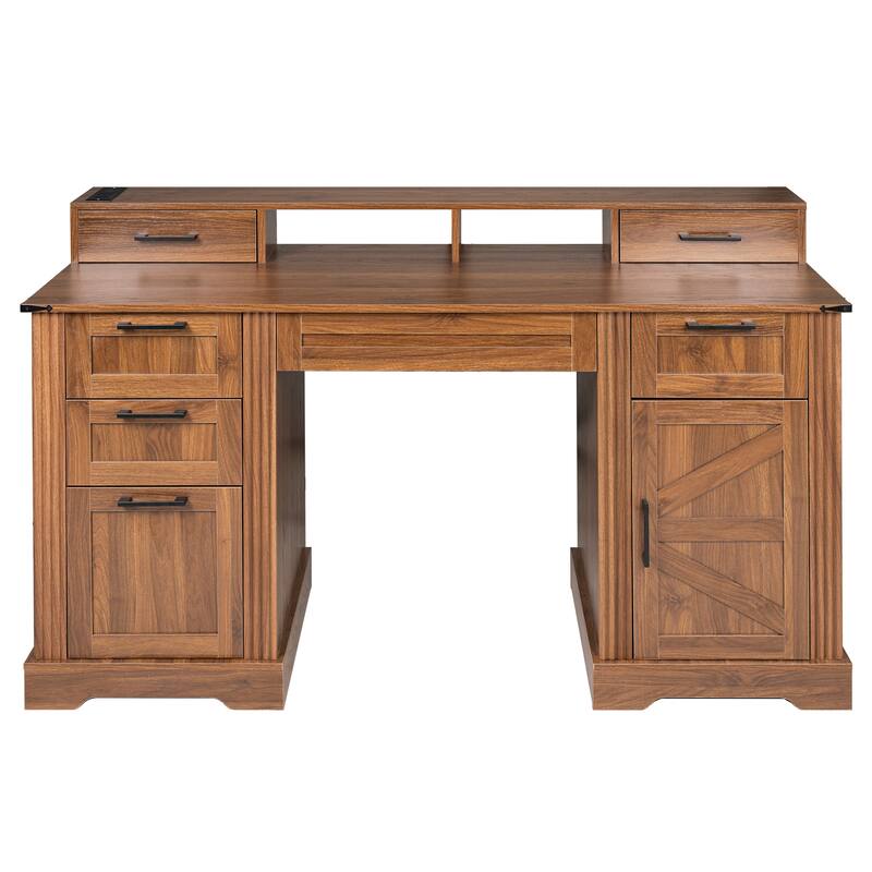 59" Farmhouse Office Desk with Charging Station, Barn Door, File Drawer & Monitor Stand