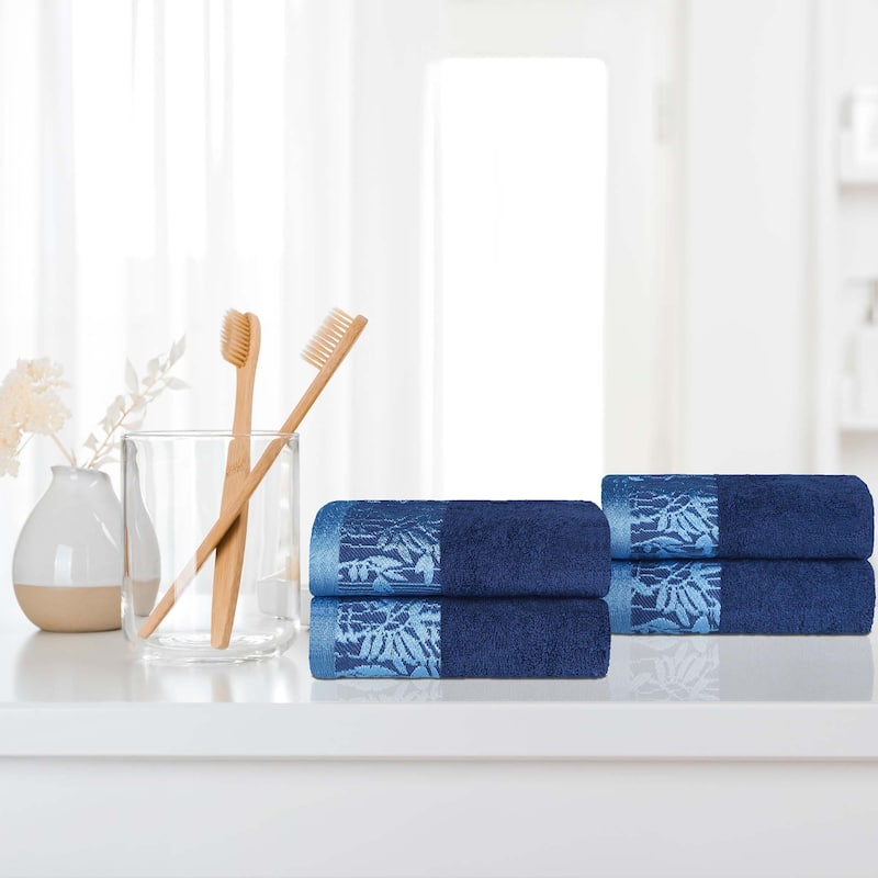 Superior Wisteria Cotton Floral Jacquard Border Hand Towels, Set of 4