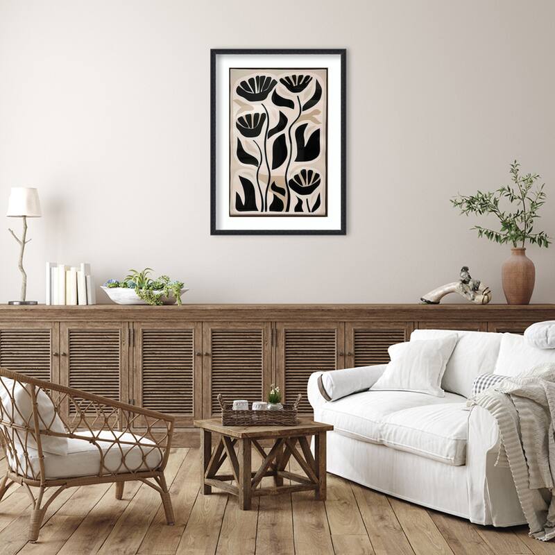 Floral Contrast by Tradelink inhouse artist Wood Framed Wall Art Print - Bethany Black