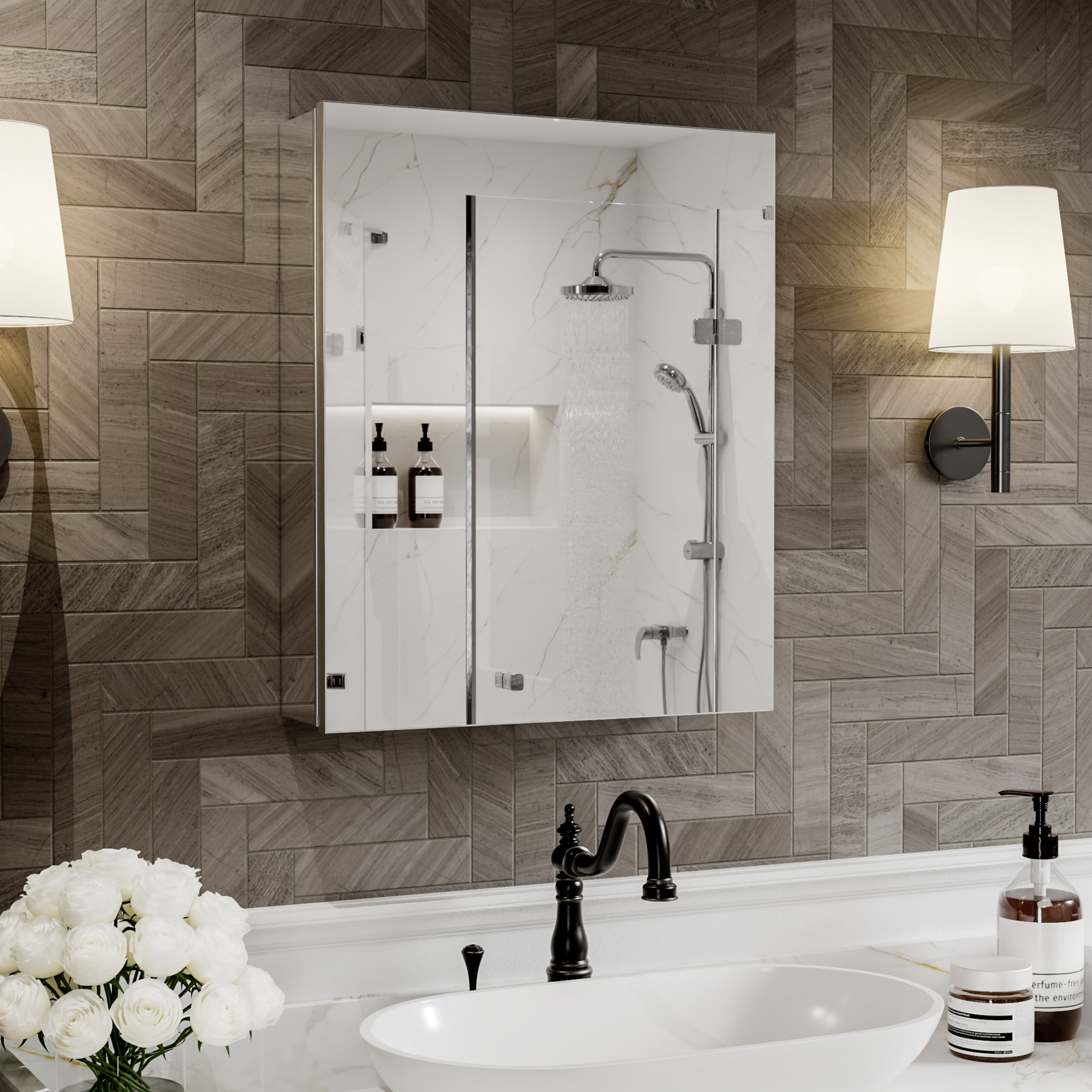 Modland Aluminum Bathroom Medicine Cabinet with Mirror Adjustable Shelves,Recessed or Surface Mount