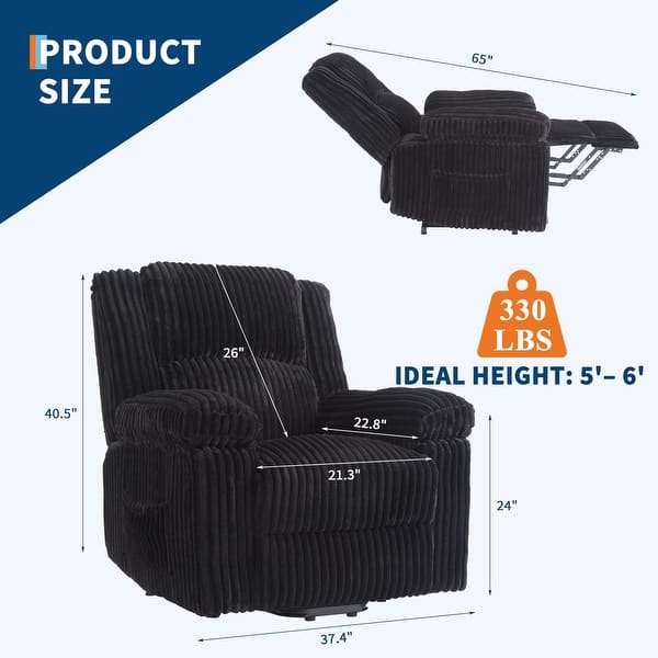 dimension image slide 2 of 5, Corduroy Recliner Chair, Manual Recliner Sofa with Handle, Pillow Top Arms, Thick Padding, Side Pocket, 330Lbs Capacity