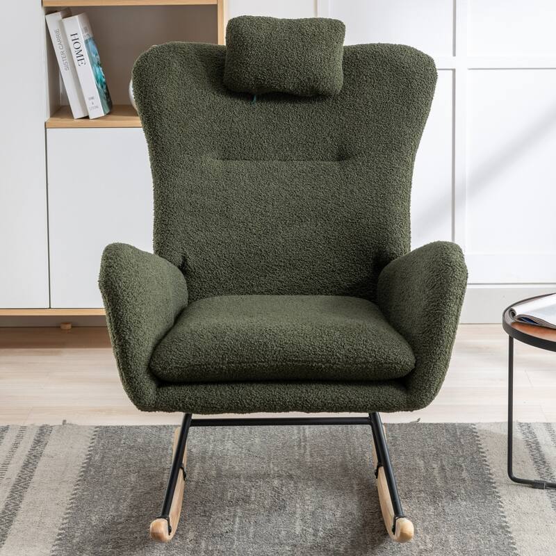 Teddy Fabric Wingback Rocking Chair for Nursery with Safe Solid Wood Base