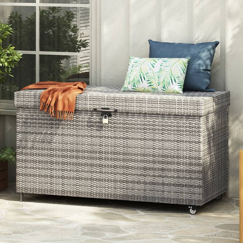 Black Heavy Duty Wicker Deck Box with 4 Wheels, Lockable Lid and Bench for Patio Poolside and Garden​