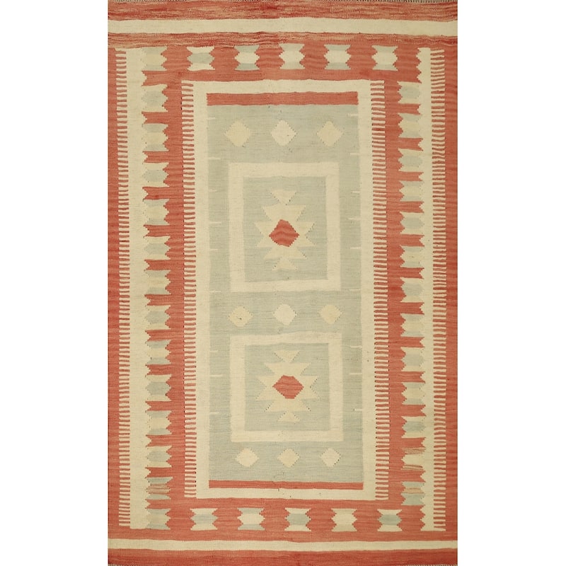 Hand Woven Oriental 100% Wool Carpet Southwestern Tribal Green Kilim Area Rug - 5' 9'' X 4' 2''