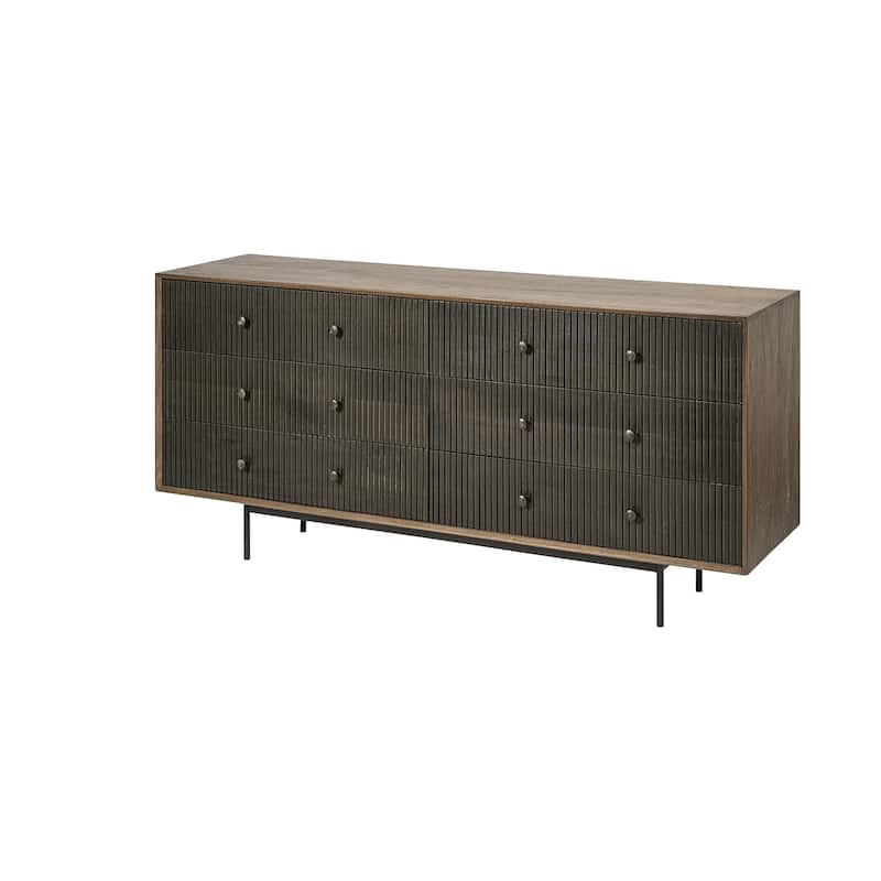 HomeRoots 70" Brown and Black Solid Wood Six Drawer Sideboard - 18' X '31' X '70