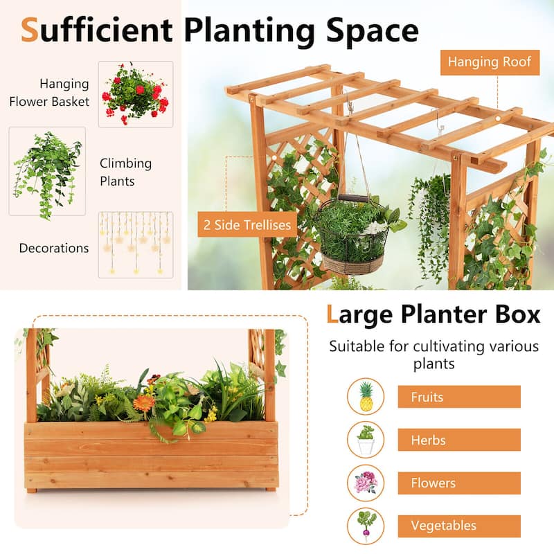 Gymax Raised Garden Bed Planter Box w/ Side & Top Trellis for Vine