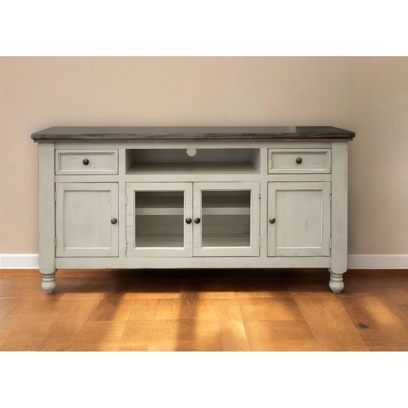 HomeRoots 60" Ivory Solid Wood Open shelving Distressed TV Stand - 59.75' X '34.75' X '19 - Ivory - 59.75' X '34.75' X '19