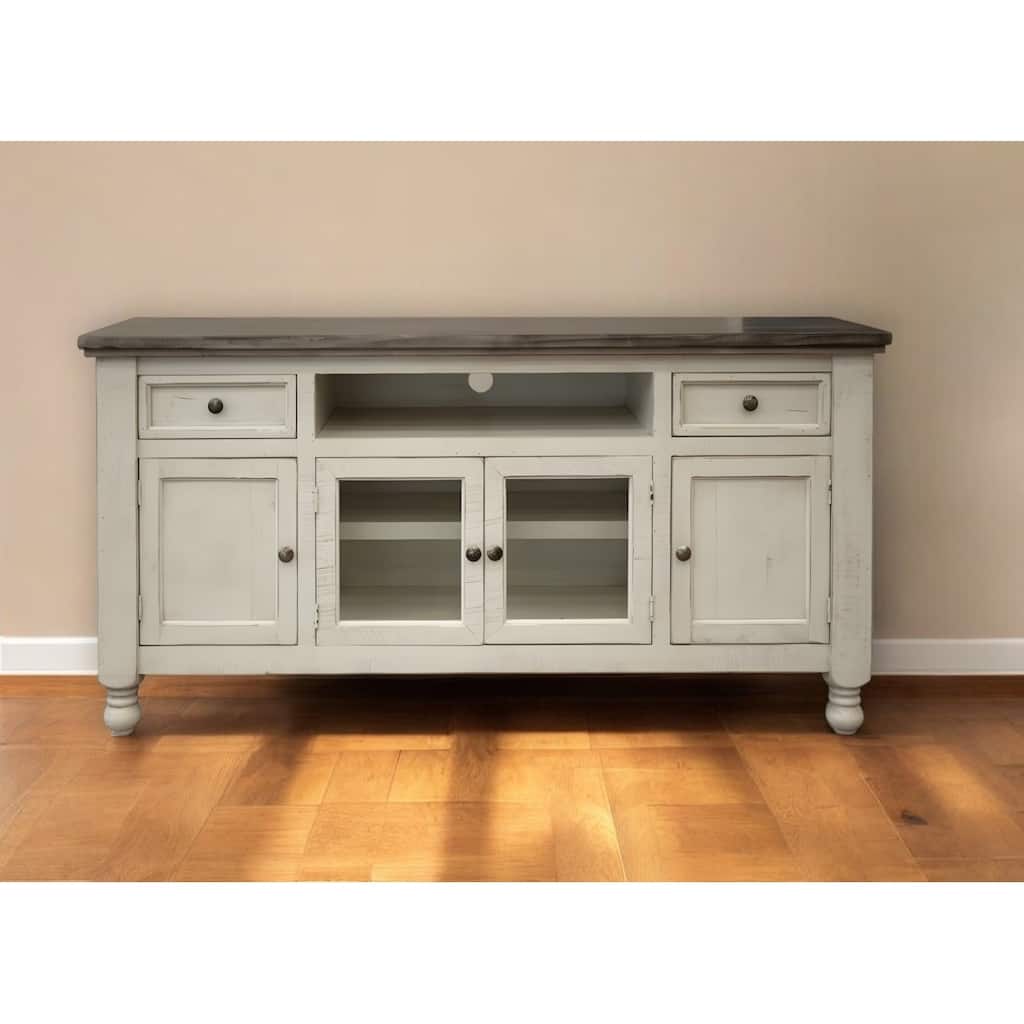 HomeRoots 60" Ivory Solid Wood Open shelving Distressed TV Stand - 59.75' X '34.75' X '19