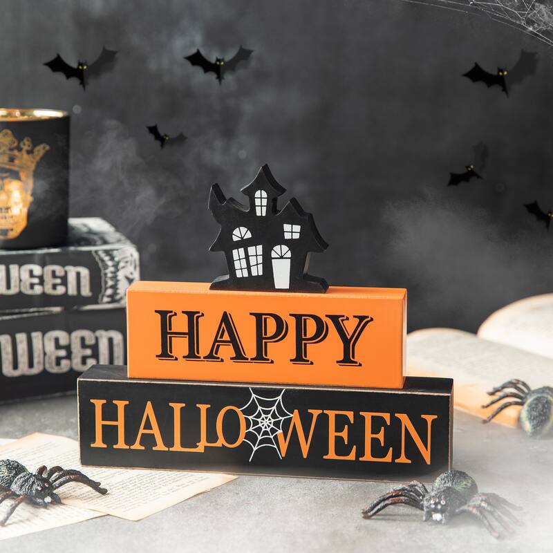 Glitzhome 11.75"H Halloween Wooden Ghost Haunted House Block Word Sign Table Decor