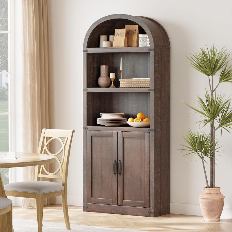 71.65" Tall Farmhouse 3-Tier Arched Bookcase, Display Storage Shelf - N/A