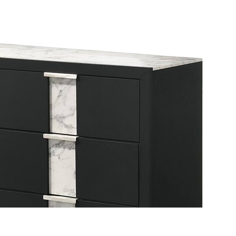 Amey Wide 6 Drawer Dresser, White Marble Trim, Black Wood