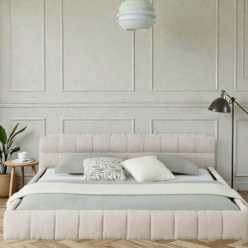 King Upholstered Platform Bed Frame with Thick Chenille Fabric, Grounded Modern Bed with Headboard, No Box Spring Needed - Beige - King