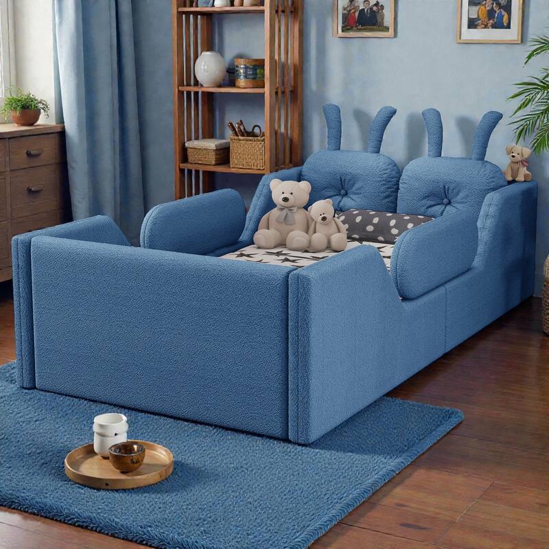 Twin Size Upholstered Floor Bed for Kids with Removable Side Rails, Soft Teddy Fabric Platform Bed